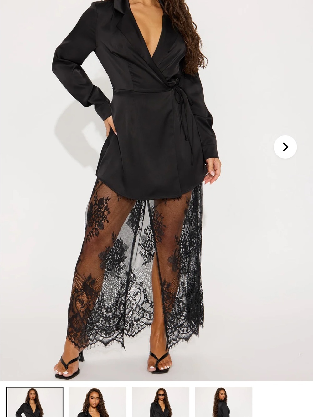 Black Satin Wrap Blazer Dress with Lace Overlay Skirt fashion nova medium